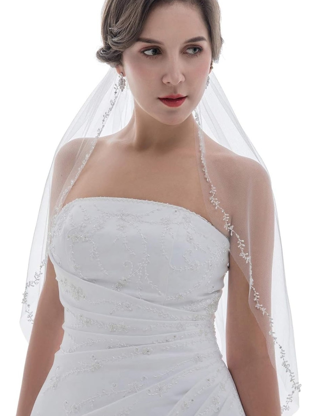light ivory elbow length floral beaded edge bridal wedding veil